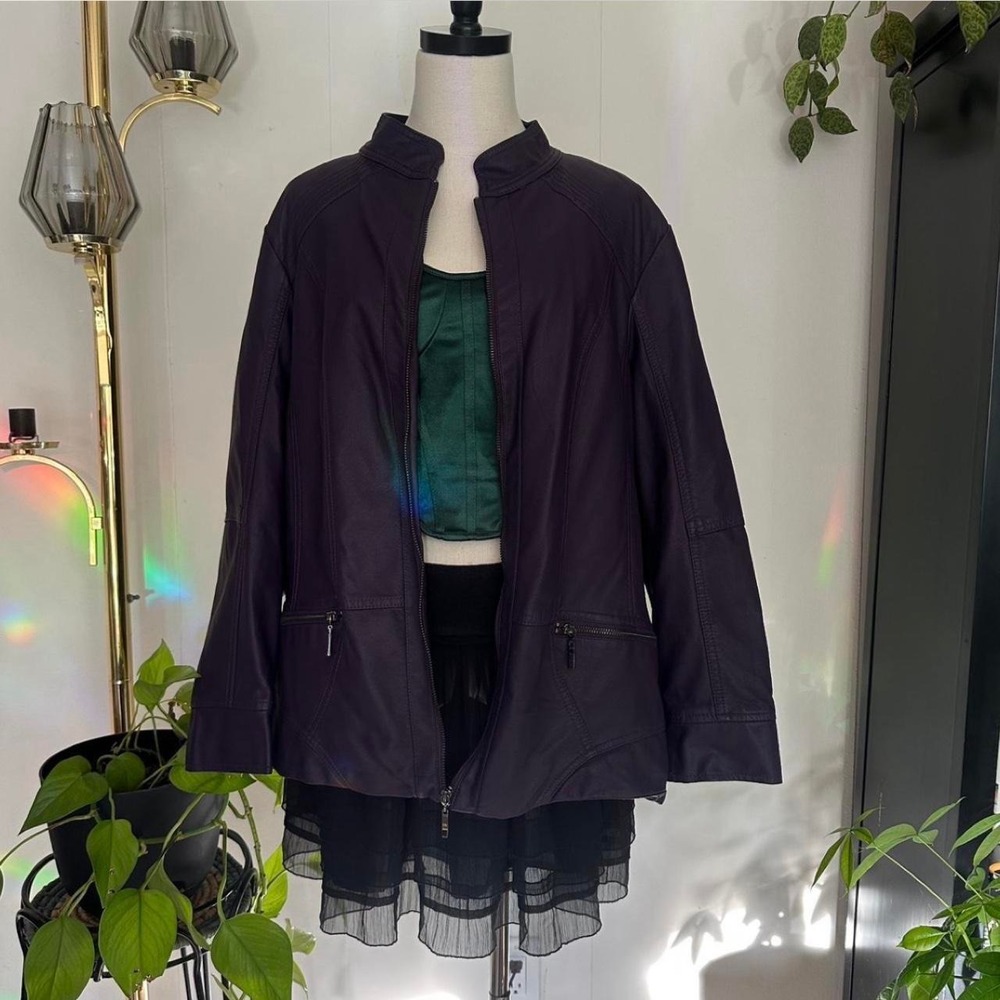 CJ Banks Womens 1X Purple Faux Leather Full Zip Jacket Pockets Plum Plus Size
